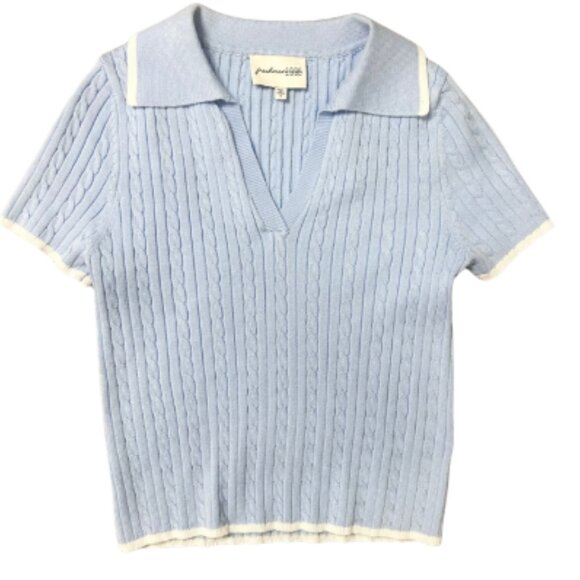 Light Blue Knit Set Size S Collared Crop Top & Pleated Mini Skirt - Picture 4 of 5